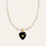 Luna Enamel Heart Pendant Pearl Necklace with black charm by Deduet