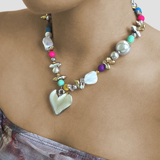 Lady wearing Mila Beaded Heart Pendant Necklace by Deduet