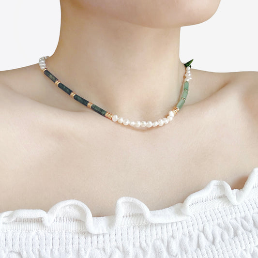 Lady wearing Esther moss agate pearl necklace
