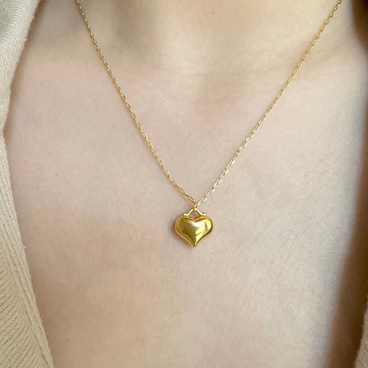 Lady wearing Sara Puffed Heart Pendant Necklace by Deduet