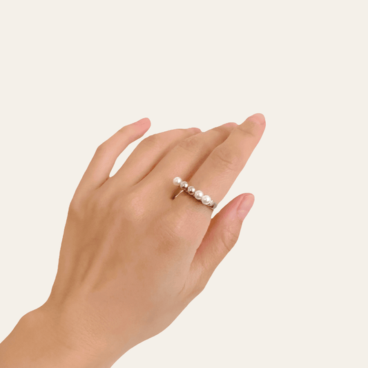 Lady wearing Anita Adjustable Pearl Ring by Deduet