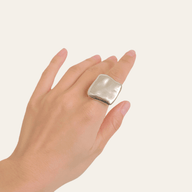 Lady wearing Bella Adjustable Square Ring in Silver by Deduet