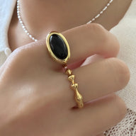 Lady wearing Kiara Adjustable Gemstone Ring by Deduet
