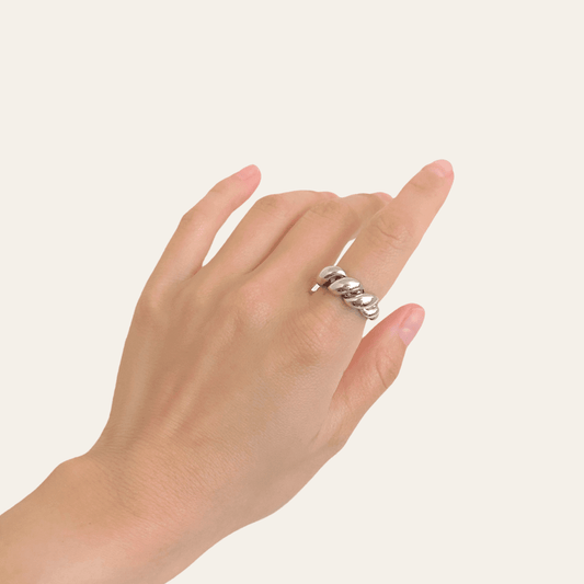 Lady wearing Fiona Adjustable Croissant Ring by Deduet